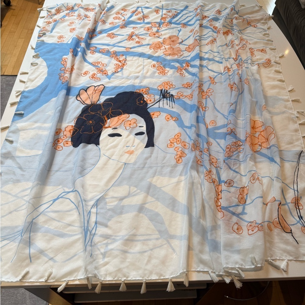 H&M Geisha & Cherry Blossoms Artistic Scarf Wrap w/ Tassel Fringe, Lightweight